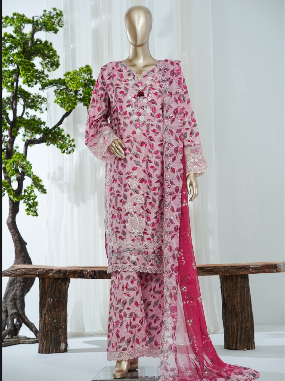 Pink Floral Embroidered Lawn Suit with Sheer Dupatta